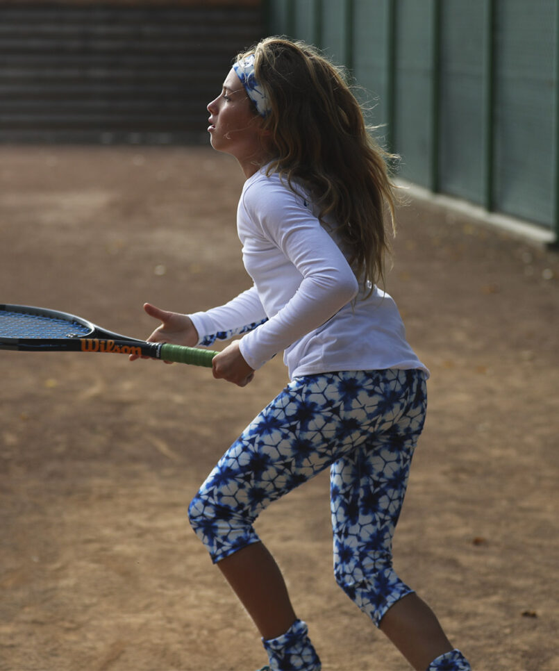 Girls Tennis Cropped Leggings Blue Hex Print - Zoe Alexander
