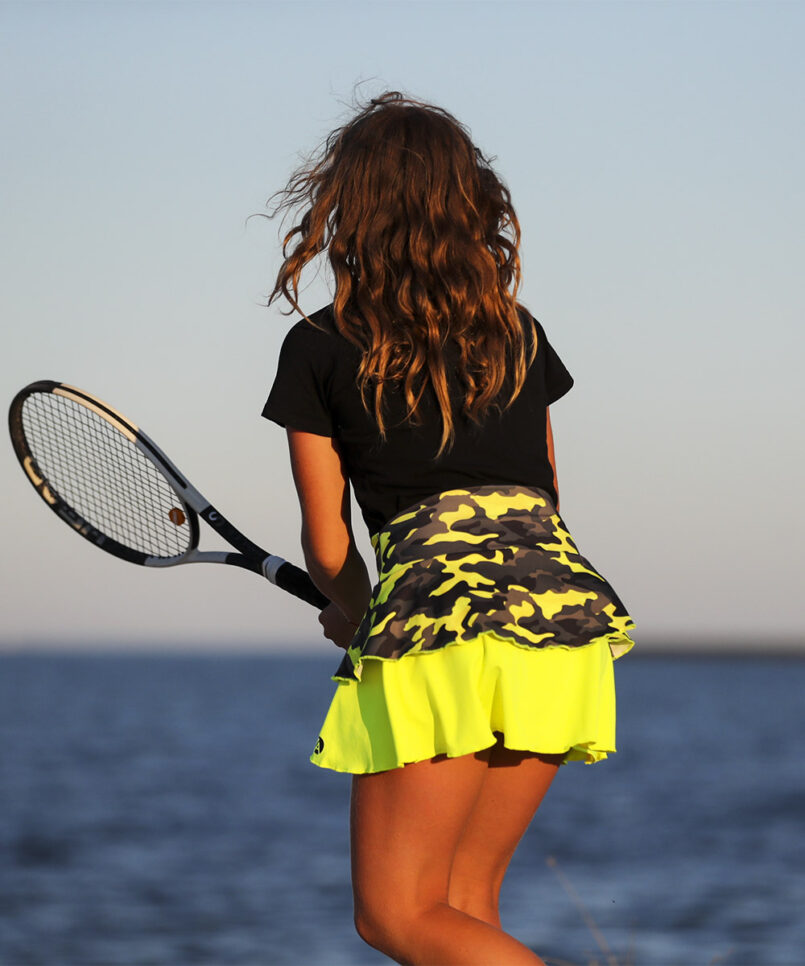 camo neon layered skirt for girls tennis by zoe alexander