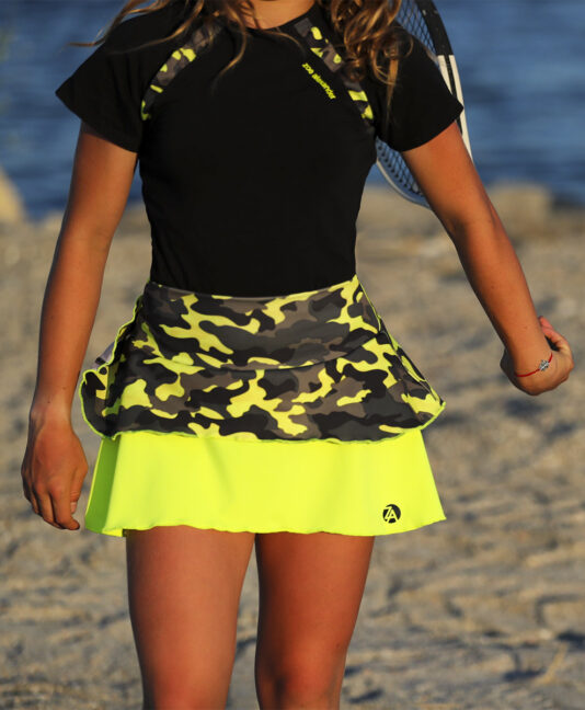 camo neon layered skirt for girls tennis by zoe alexander