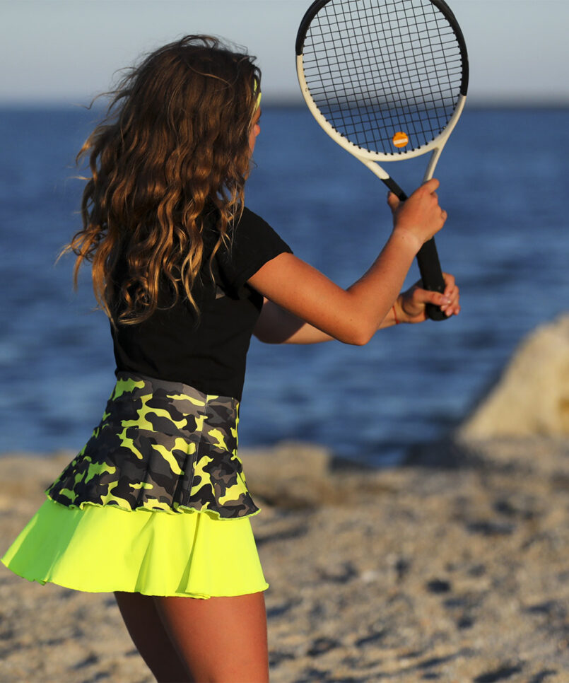 camo neon raglan top in black for girls tennis by zoe alexander