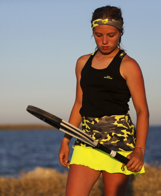 neon camo tank top black vest singlet and layeered girls tennis skirt by zoe alexander